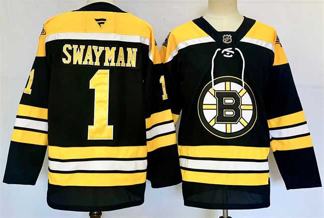 Mens Boston Bruins #1 Jeremy Swayman Black 2024-25 Home Stitched Hockey Jersey